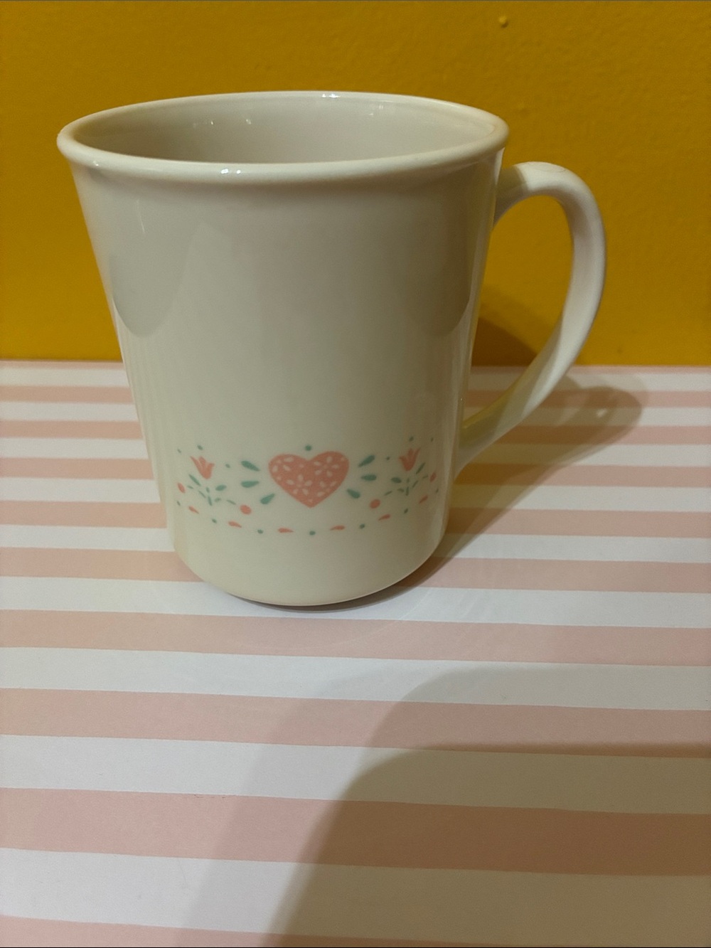 Corningware White Mug with Pink Heart and Teal Floral Accents